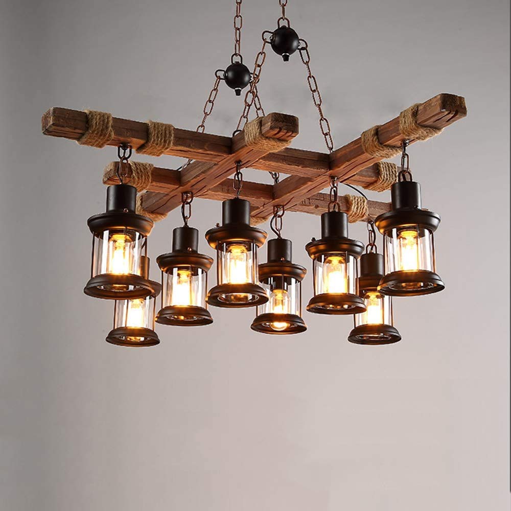 8 Lights Industrial Wooden Hanging Lighting Black Metal Chandelier Farmhouse Vintage Pendant Lamp Glass Lampshade for Pool Table Kitchen Island Bar Retro Ceiling Light Height Adjustable Fixture GHY