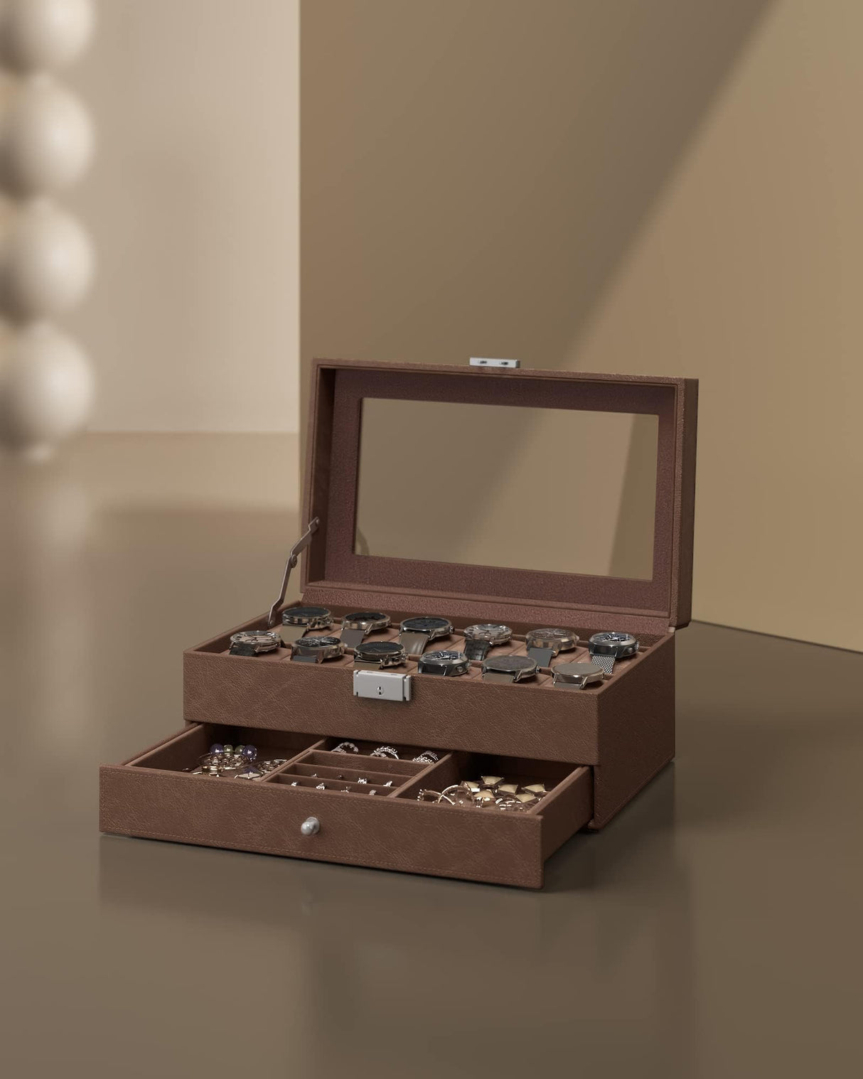 SONGMICS 12-Slot Watch Box, Lockable Watch Case with Glass Lid, 2 Layers, with 1 Drawer for Rings, Bracelets, Gift Idea, Brown Synthetic Leather, Brown Lining UJWB012K01 SONGMICS