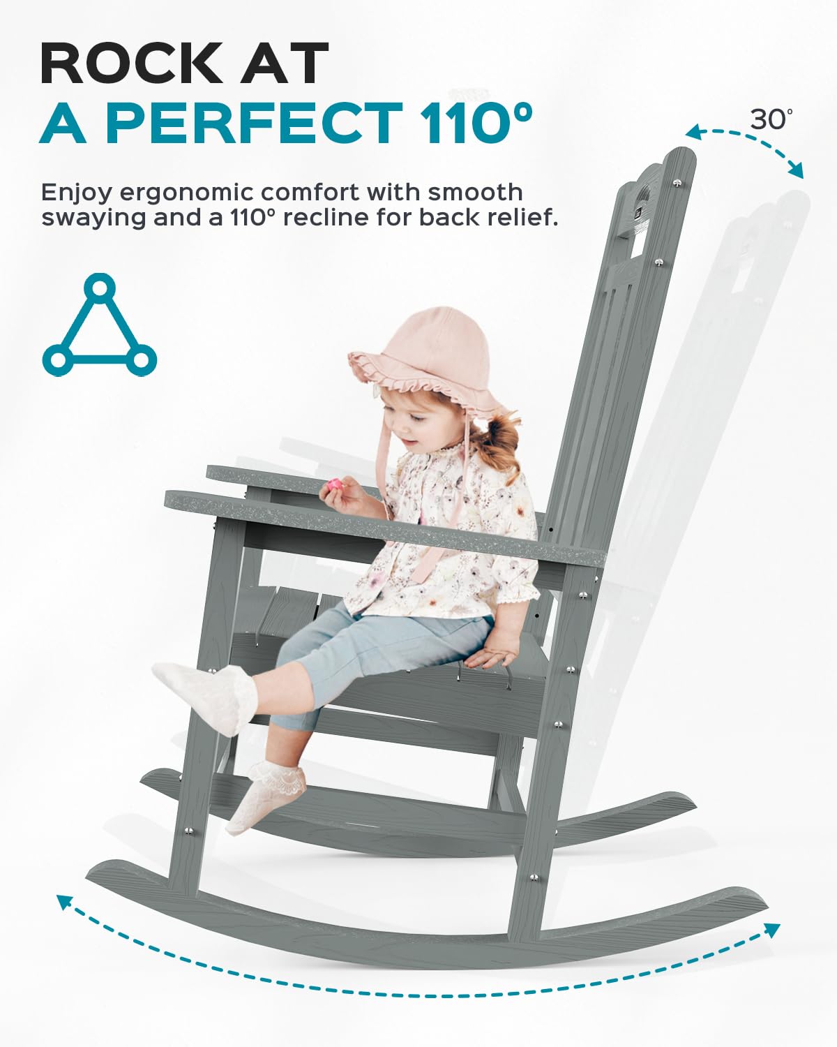 Oversized Rocking Chair Outdoor, HDPE Poly Rocking Chair, All Weather Porch Rocker for Deck Patio Balcony, 380lbs, Grey Ciokea