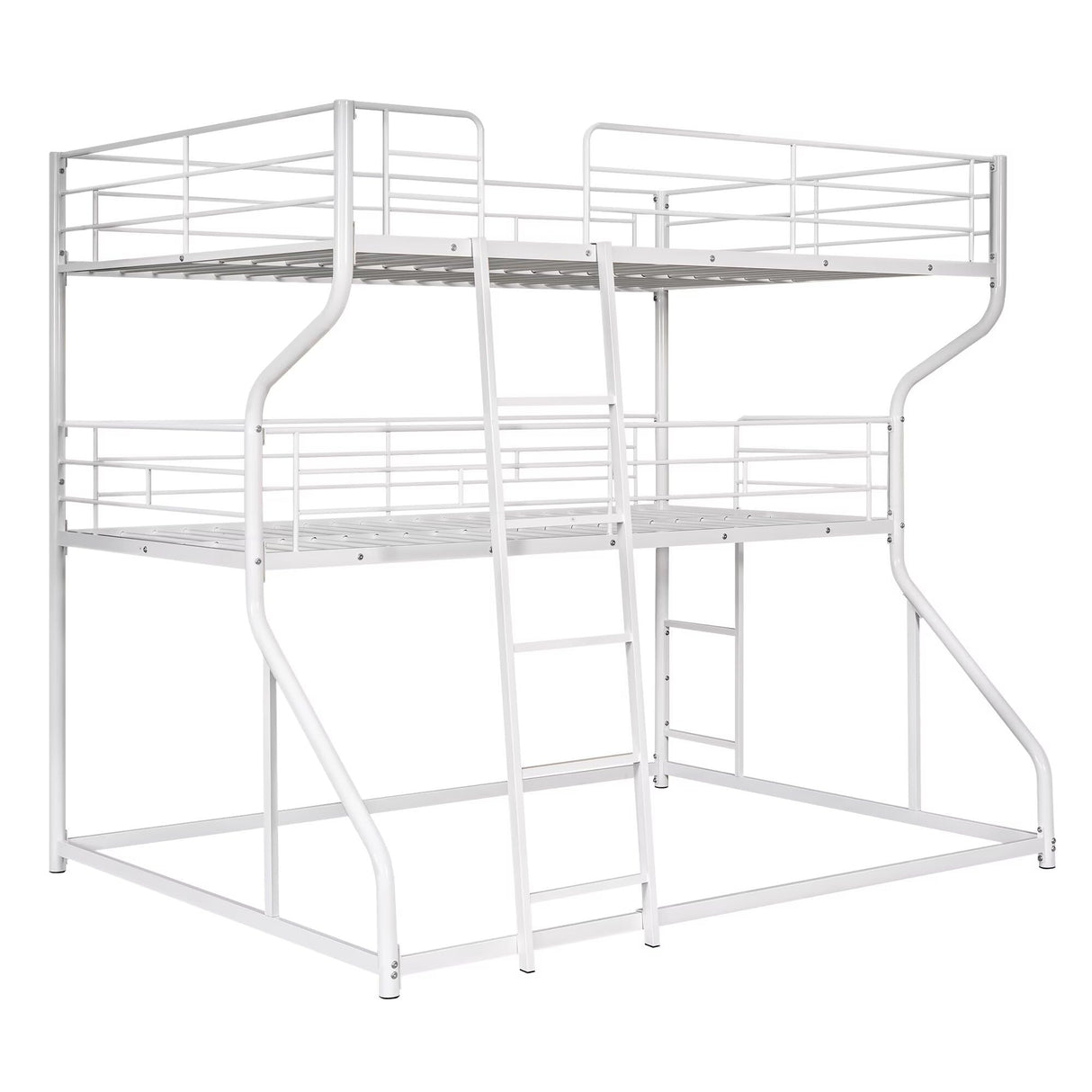 JIJIWANG Full XL Over Twin XL Over Queen Size Triple Bunk Bed with Long and Short Ladder, Unique Curved Metal Frame with Safety Guardrail, Industrial Style Triple Bunk Bed Frame, White JIJIWANG