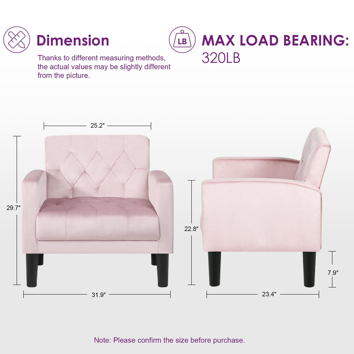 TYBOATLE Mid-Century Modern Sectional Sofa Sets 2 Pieces, Tufted Linen Fabric USB Loveseat Couch w/ 2 Cupholders and Accent Arm Chairs for Living Room, Bedroom, Apartment (Pink) TYBOATLE