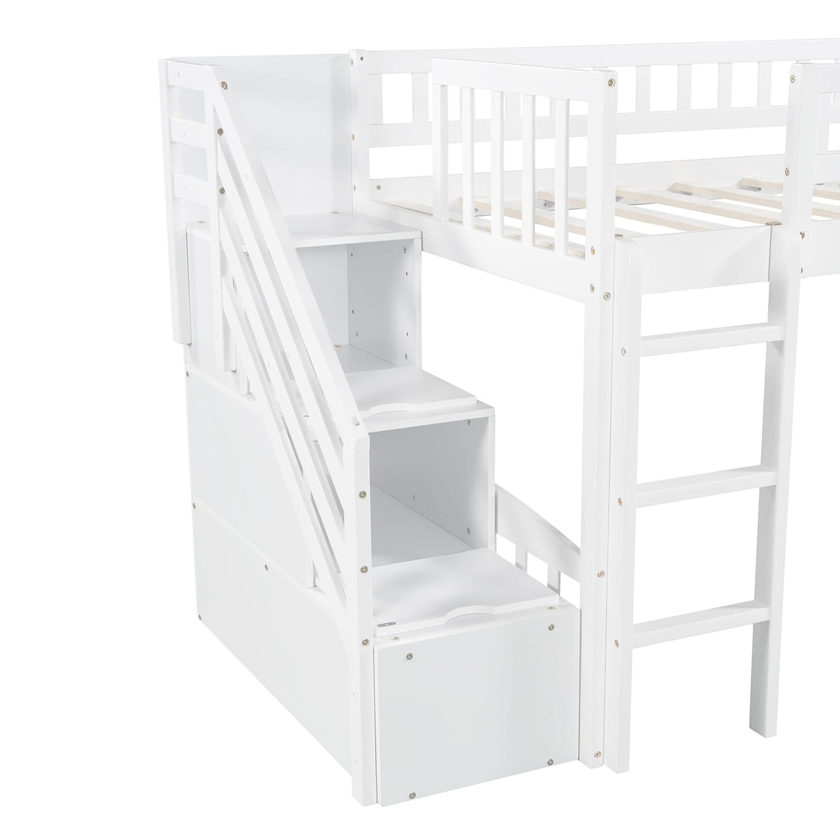 Twin Loft Bed with Slide and Stairs, Wooden Low Loft Bed Frame with Storage for Kids Girls Boys - White Bellemave