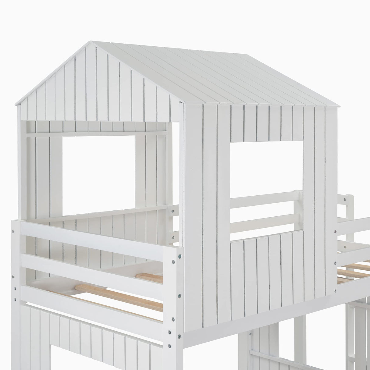 House Bunk Bed Twin Over Full with Playhouse Design for Kids - White Wood Frame by Harper & Bright Designs Harper & Bright Designs