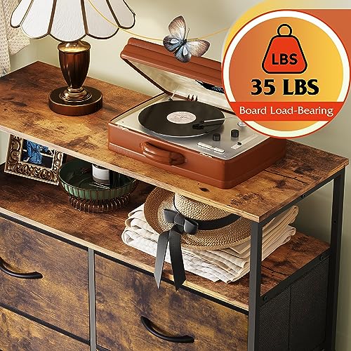 WLIVE Fabric Dresser for Bedroom with Open Shelves, Tall Dresser with 8 Drawers, Storage Tower with Fabric Bins, Chest of Drawers for Closet, Hallway, Rustic Brown Wood Grain Print WLIVE