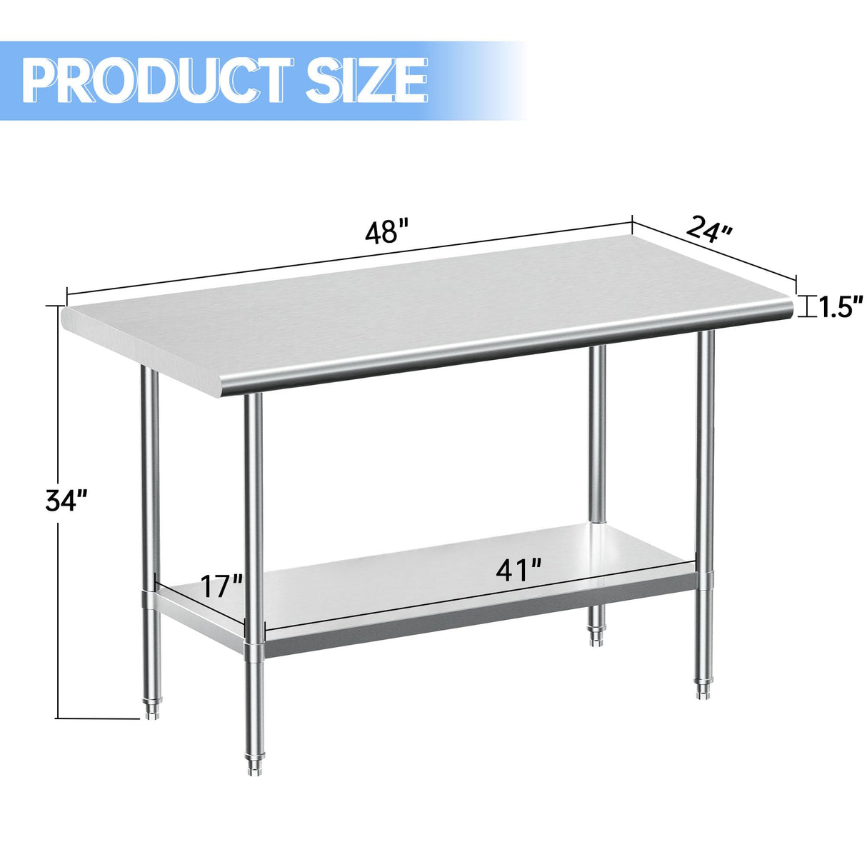 JOPHUN Stainless Steel Work Table, NSF Commercial Worktable with Undershelf and Legs for Restaurant, Home and Hotel - 24" D x 48" W x 34" H Inches JOPHUN