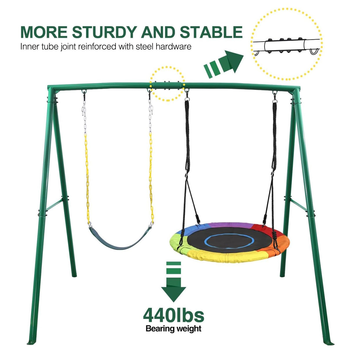 Trekassy 440lbs 2 Seat Swing Set for Backyard, 1 Saucer Swing Seat and 1 Belt Swing Seat with Heavy Duty A-Frame Metal Swing Stand Trekassy