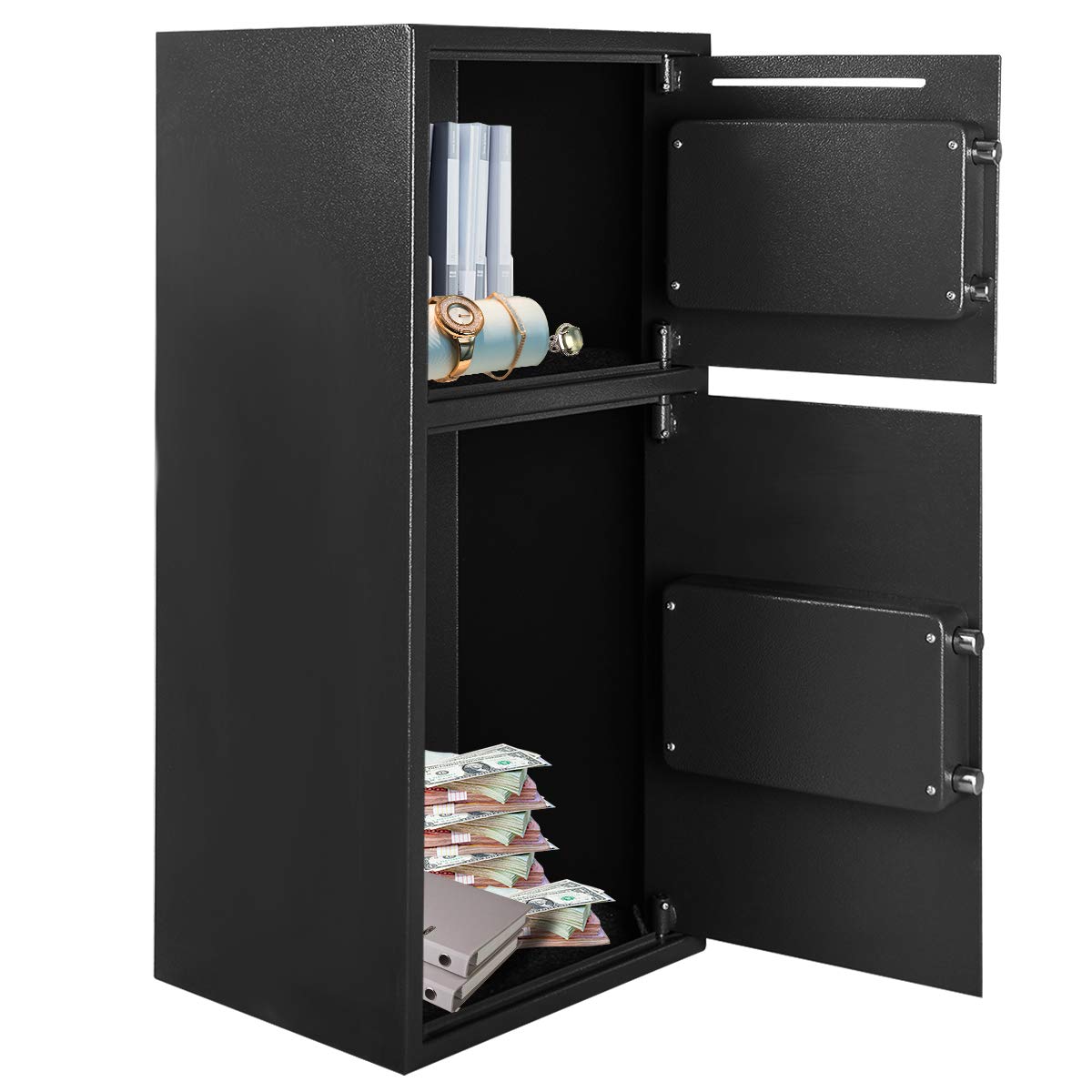 S AFSTAR Digital Safe Box, Double Door Security Depository Drop Box, Drop Slot Safes with Separate Keypad and Emergency Keys for Gun Cash Jewelry Document, 14 x 12 x 31.5 Inches, Black S AFSTAR