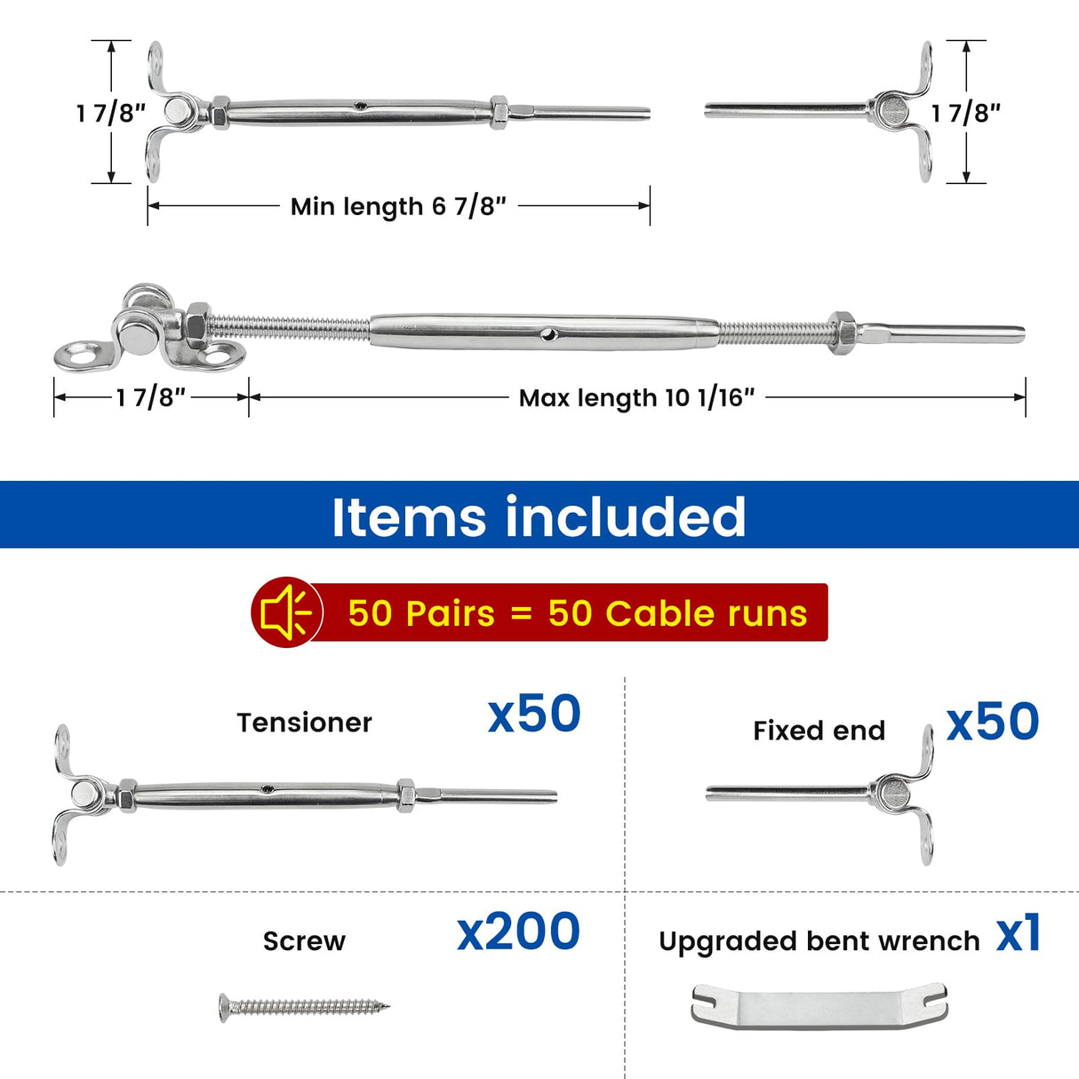 Muzata 50 Pairs 1/8" Cable Railing Hardware Kit Swage Toggle Turnbuckle for Wood Post T316 Stainless Steel Deck Cable Railing System Angle 180° Adjustable Stairs 100 Pack CK07 Muzata