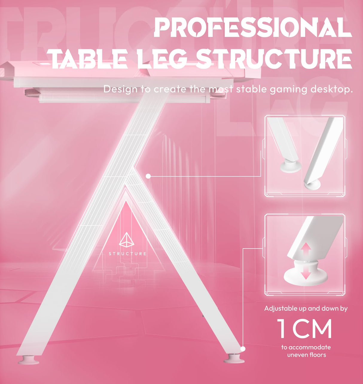 Dowinx Gaming Desk with LED Lights, RGB Gaming Computer Table with Carbon Fibre Surface, LED Home Office Desk with Remote Control, Pc Workstation with Cup Holder and Headphone Hook, 47 Inch, Pink Dowinx