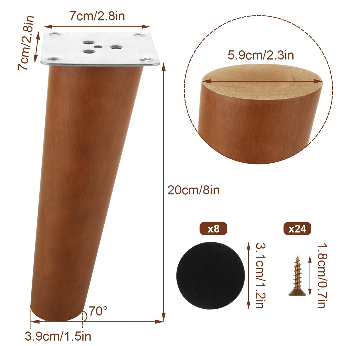 FVIEXE 8 Inches Angled Wood Furniture Legs Set of 8, Wooden Couch Sofa Chair Legs Replacement, Modern Mid Century Furniture Legs for Coffee Table End Table Side Table Night Stand, Slanted FVIEXE