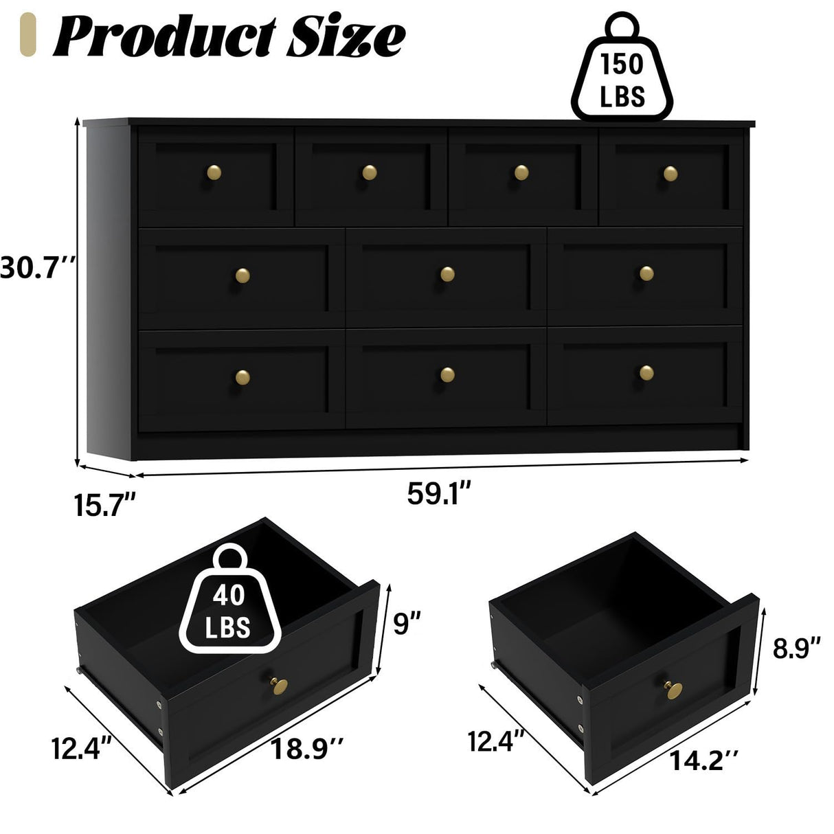 ROMMAK 10 Drawer Double Dresser for Bedroom, 59.1" Wide Dressers & Chests of Drawers with Large Capacity Storage,Black Dresser for Bedroom, Hallway,Black ROMMAK