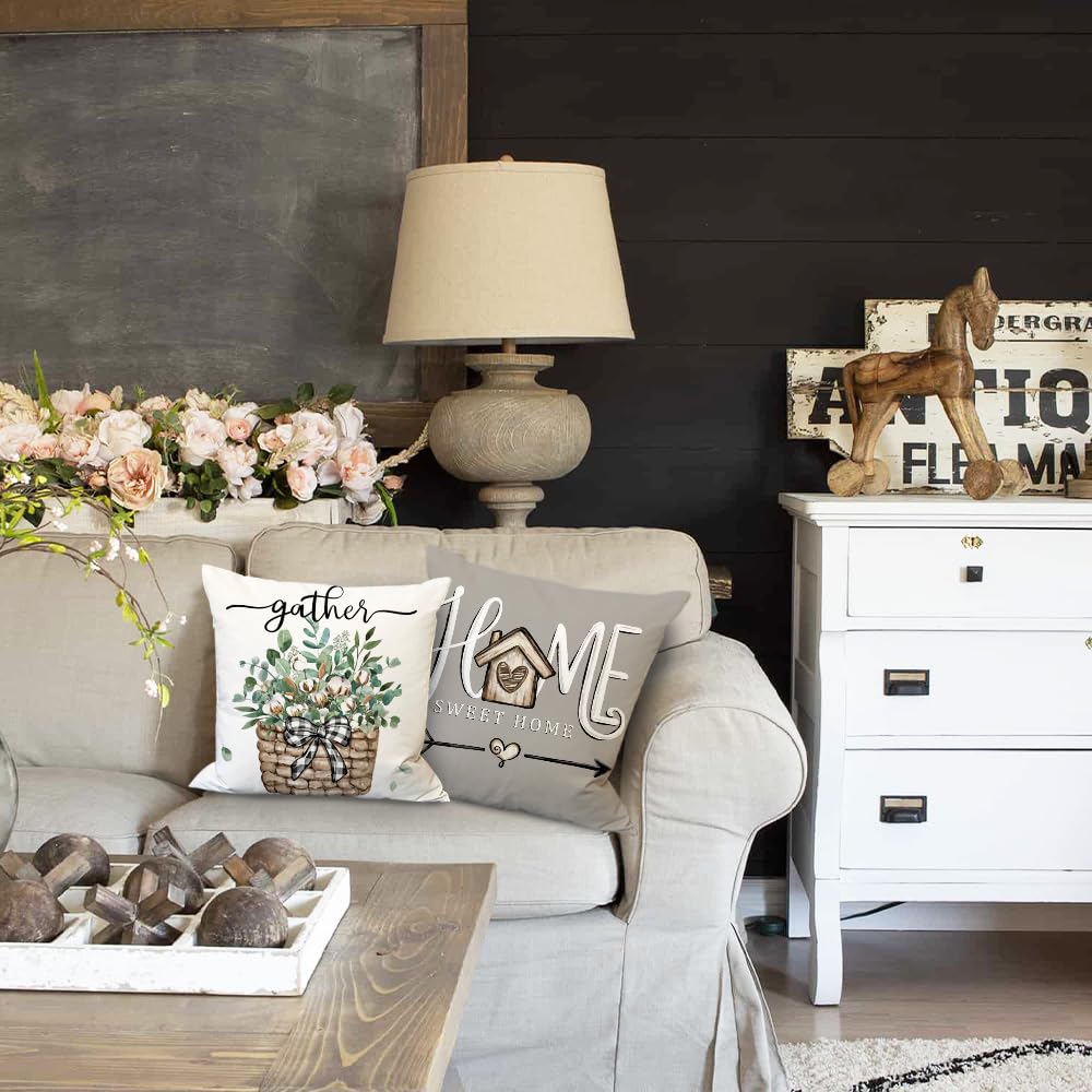 DFXSZ Farmhouse Pillow Covers 18x18 Set of 4 Eucalyptus Leaves Decorations Truck Sweet Home Spring Pillow Covers, Polyester Cushion Case Gifts for Home Decor 175 DFXSZ