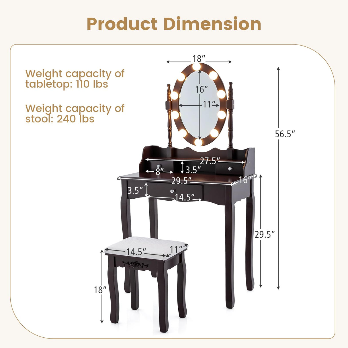CHARMAID Girls Makeup Vanity Desk with Lights, Vanity Table with Lighted Mirror, 3 Lighting Modes, Adjustable Brightness, Modern Makeup Table with 3 Drawers and Stool for Small Space (Espresso) CHARMAID