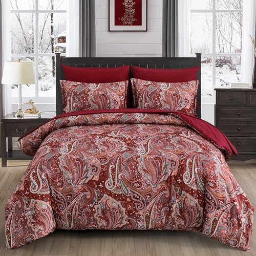 DJY Red Paisley Comforter Set Queen Size, 7 Piece Bed in a Bag Boho Paisley Pattern Comforter Set, Soft Lightweight Microfiber Reversible Bedding Set for All Season (90''x90'') DJY