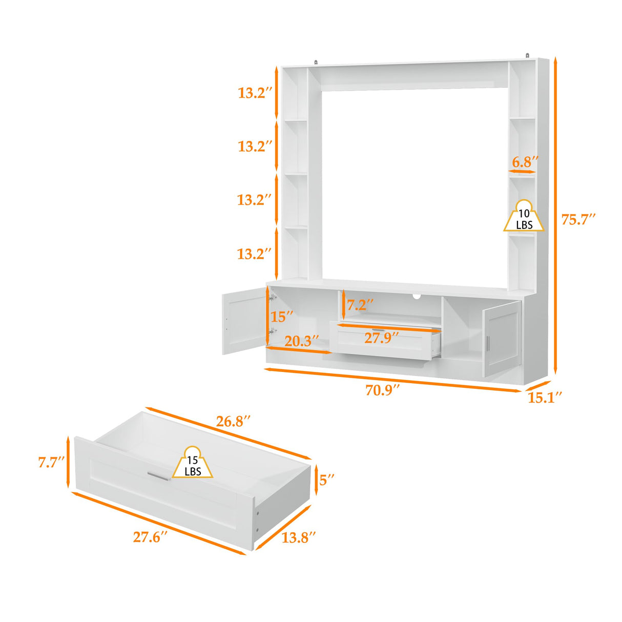 ROMSHINE 70.9" W Wall Unit TV Stand with Storage Shelf, Modern TV Console with 4-Tiers Shelf Bookcase, Entertainment Center with Drawers and Rack for Living Room, White ROMSHINE