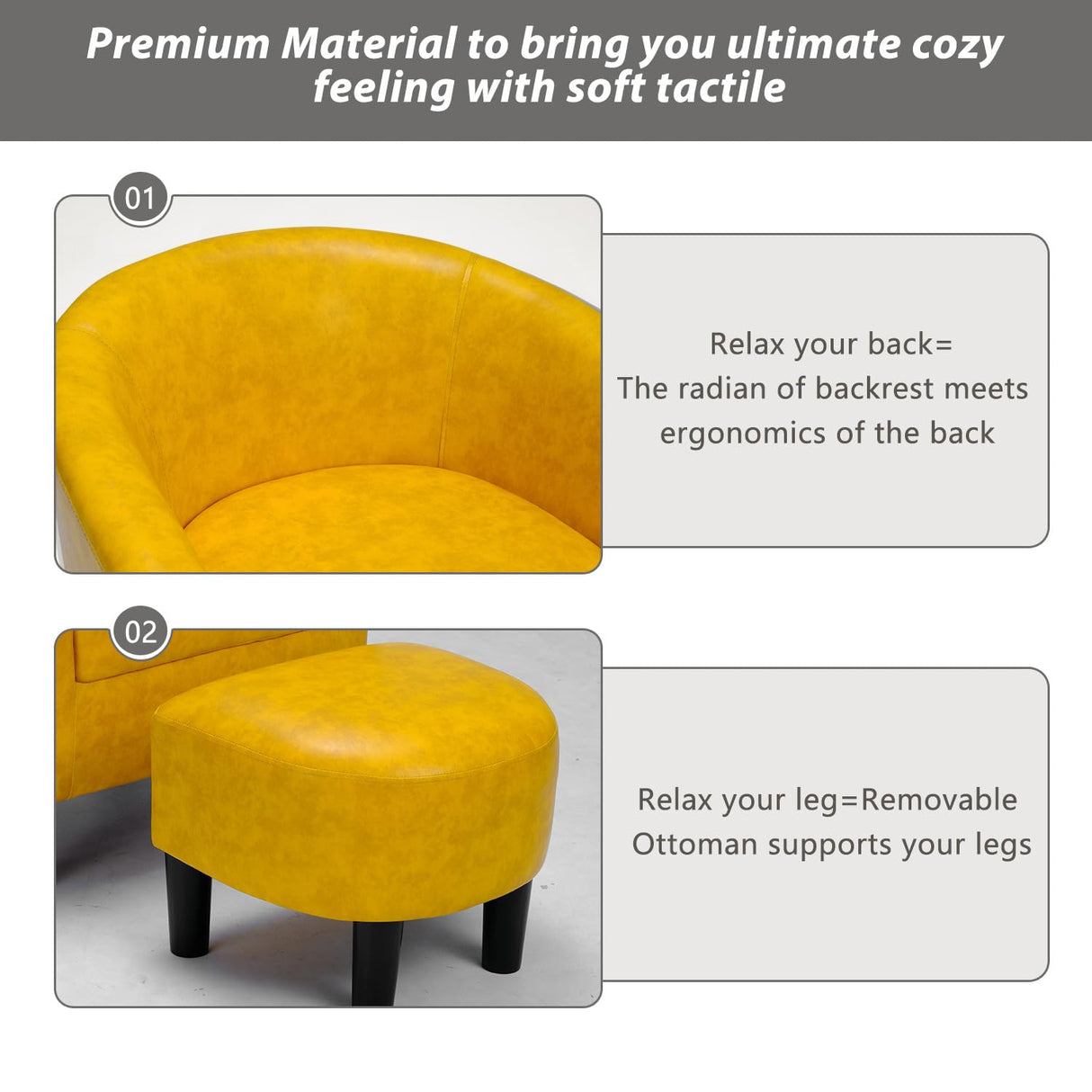 INZOY Modern Accent Chair with Ottoman for Small Space, Club Chair with Ottoman Set, Comfy PU Leather Barrel Reading Chairs for Living Room Bedroom, Round Reading Chair with Foot Rest, Yellow INZOY