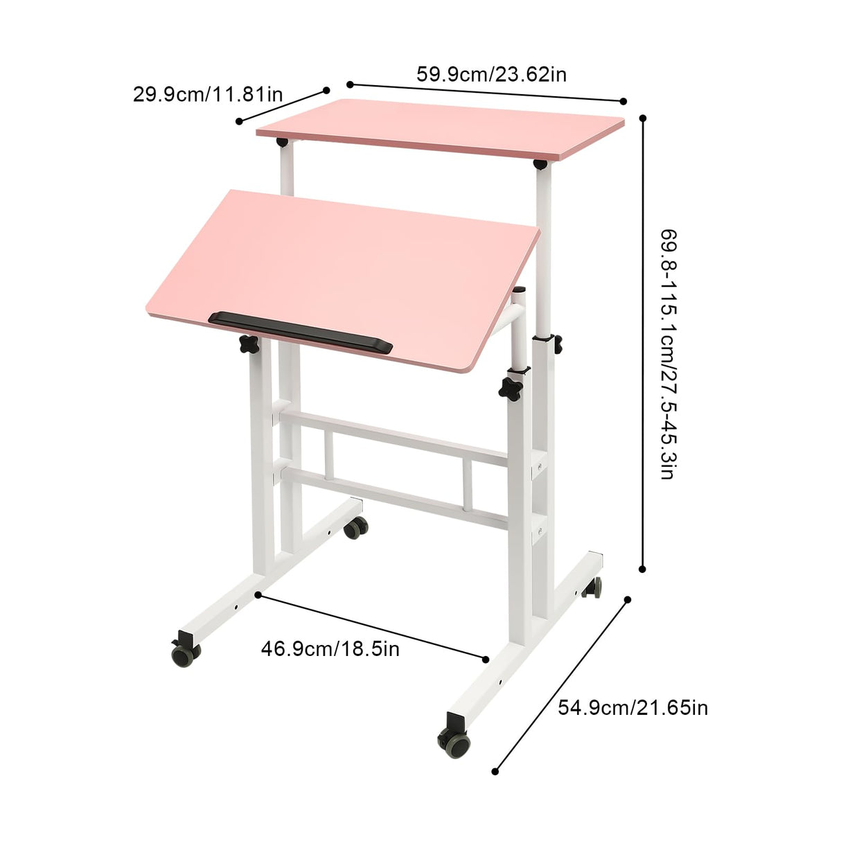 Kreiaoer Height Adjustable Table, Small Adjustable Standing Desk with Wheels Home Office Workstation, Portable Rolling Desk Laptop Cart for Standing or Sitting (Pink) Kreiaoer