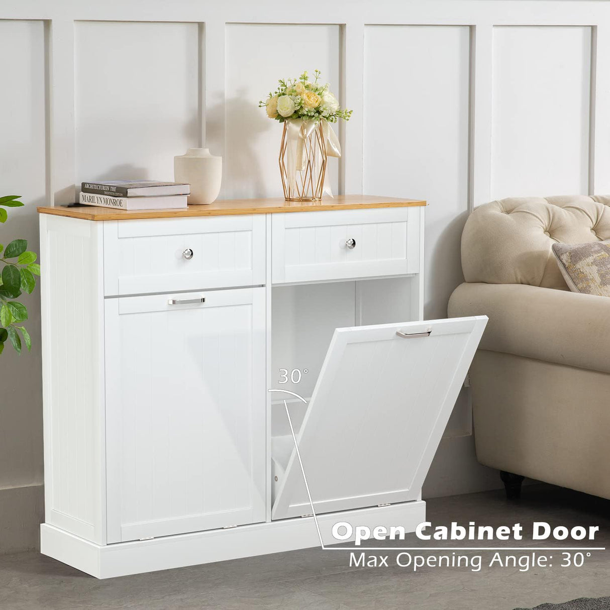 GAZHOME Double Tilt Out Trash Cabinet with Charging Station, Upgrade Wooden Free Standing Trash Cabinet with Outlet,Recycling Cabinet with Hideaway Drawer,20 Gallon Tilt Out Trash Cabinet (White) GAZHOME