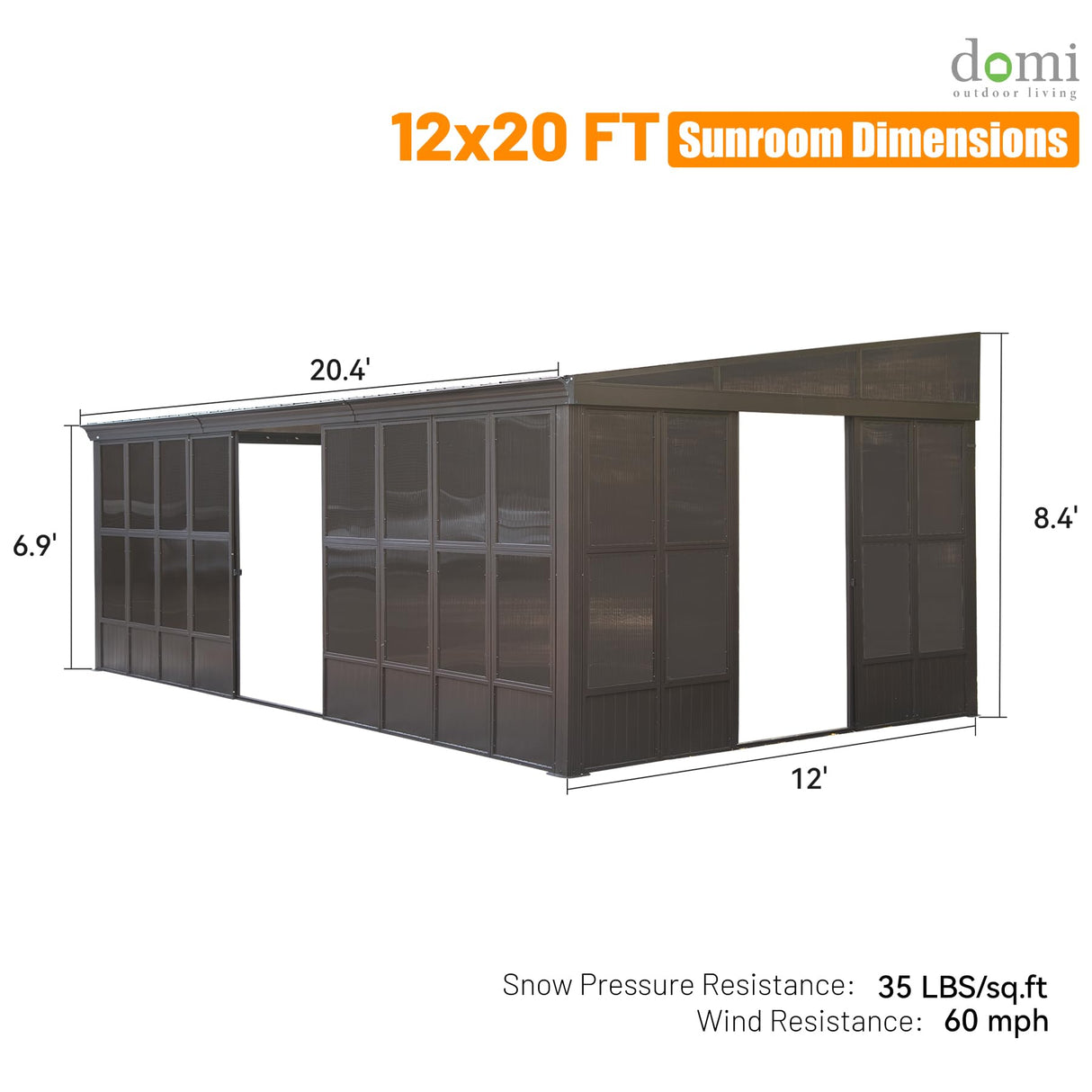 Domi 12'x20' Outdoor Sunroom Kit, Wall Mounted Solarium All Weather with 3 Sliding Double Doors, Aluminum Lean to Gazebo with Galvanized Steel Roof, Detachable PC Screen for Patio, Deck, Backyard domi outdoor living