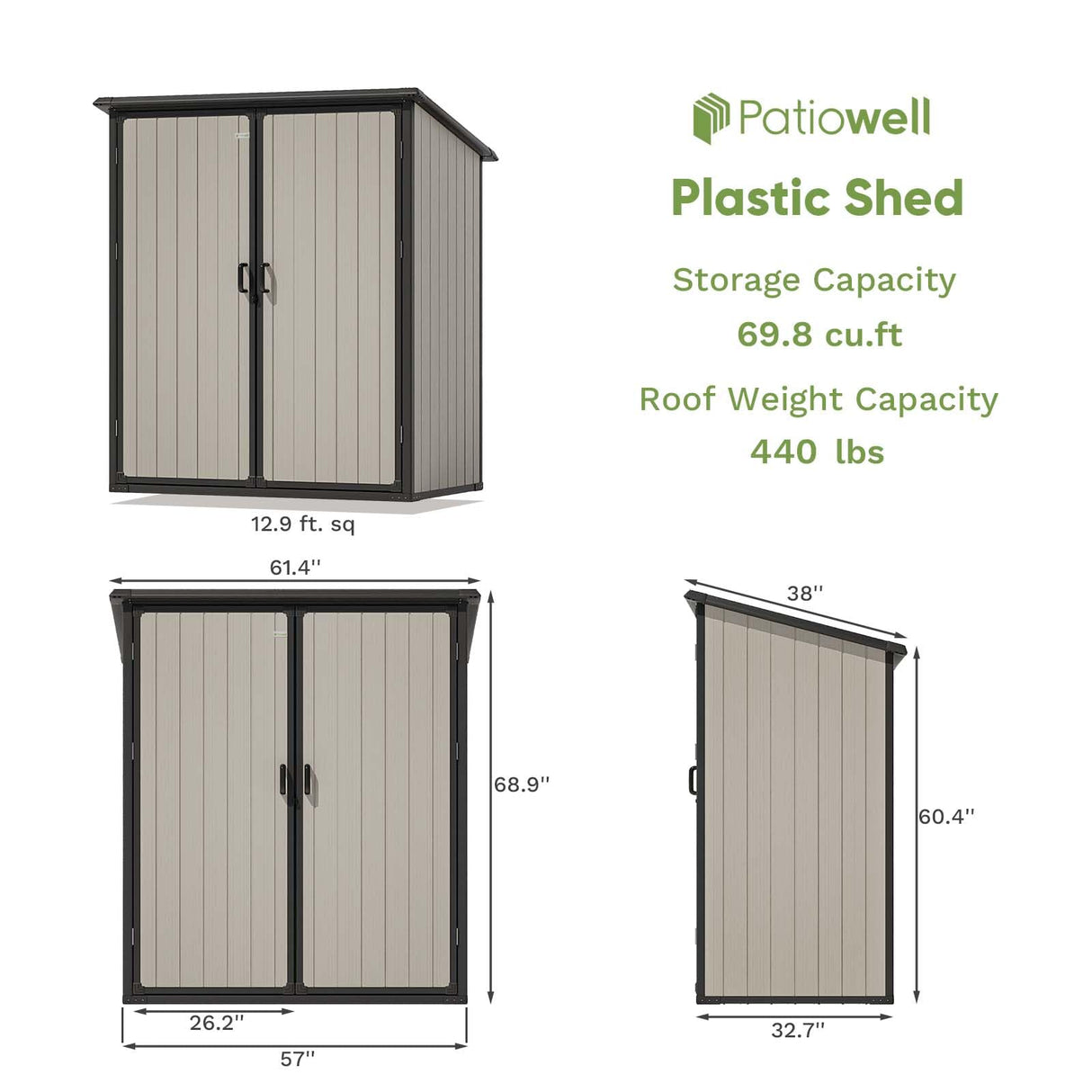 Patiowell 5 x 3 FT Outdoor Storage Shed, Resin Waterproof Cabinet with Adjustable Shelves and Lockable Doors for Patio Furniture, Pool Accessories and Tools, Beige Patiowell