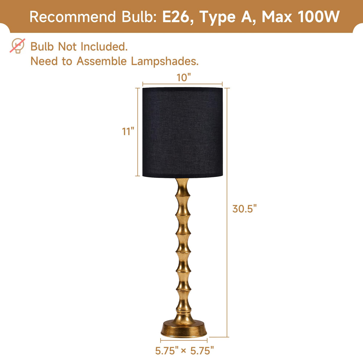 EUO 30.5" Gold Buffet Lamps Set of 2 with Black Shade, Buffet Table Lamps Set of 2 for Living Room, Black Gold Lamps for Dining Room, Gold Bamboo Lamps for Credenza, Black/Gold EUO