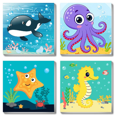 Canrichshop 4 Pack Framed Paint by Numbers Kit for Kids 8-12,Easy Kids Paint by Number Beginner,Cute Sea Animals Painting Kits for Ages 4-6,DIY Acrylic Oil Painting Kid for Wall Decor 8X8in