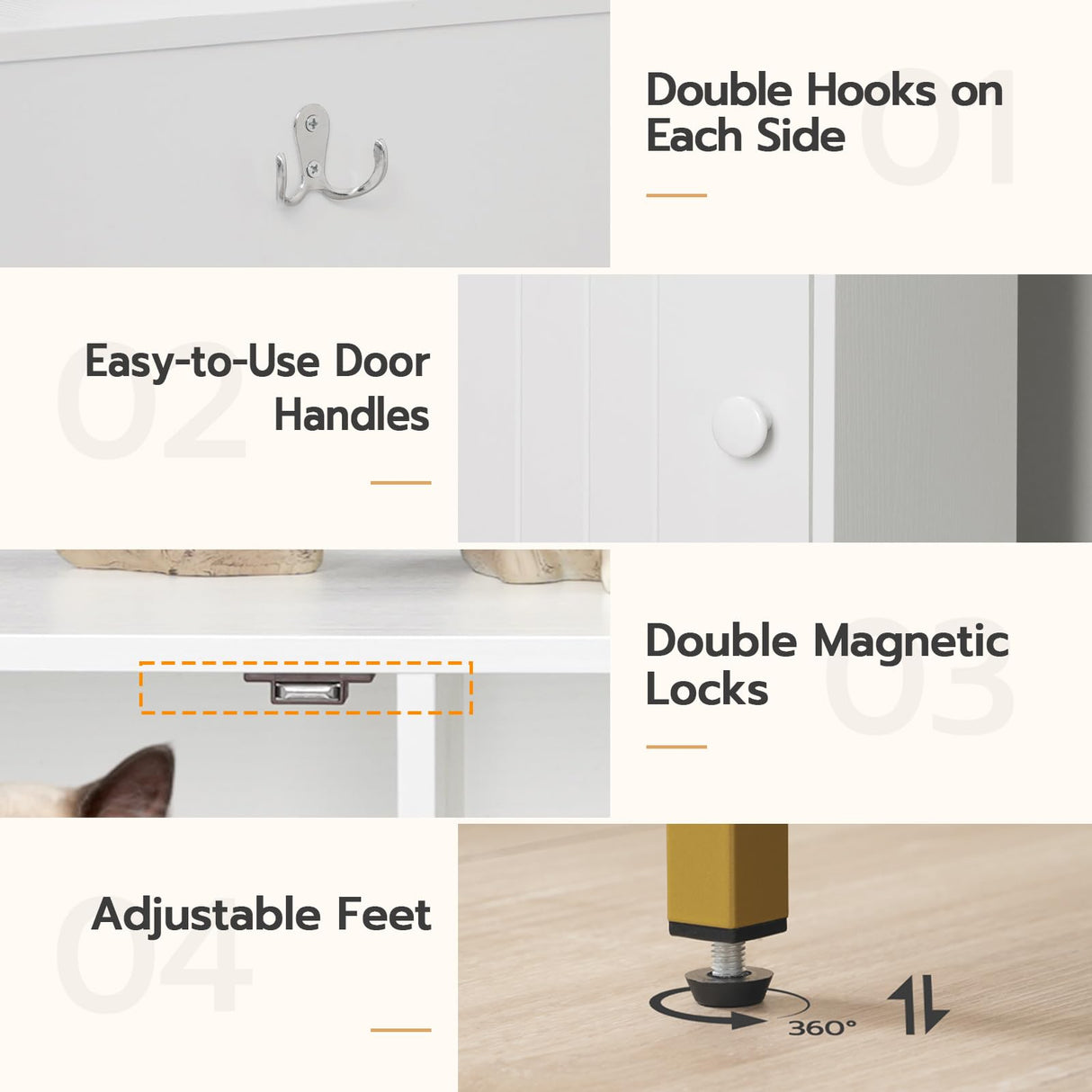 HOOBRO 44" Cat Litter Box Enclosure for 2 Cats, Double Cat Litter Box Furniture Hidden, TV Stand Litter Box Enclosure with Cat Scratching Mat, Cat House, Cat Washroom Cabinet, White, Gold DW20MW01 HOOBRO