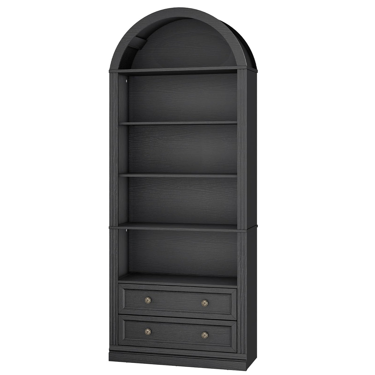 RALGEND Farmhouse Arched Bookshelf, 7 Tiers Arch Bookcase with 2 Spacious Drawers, Modern Book Shelf with Open Display Shelves and Storage Cabinet, for Office, Living Room, Kitchen, Black RALGEND