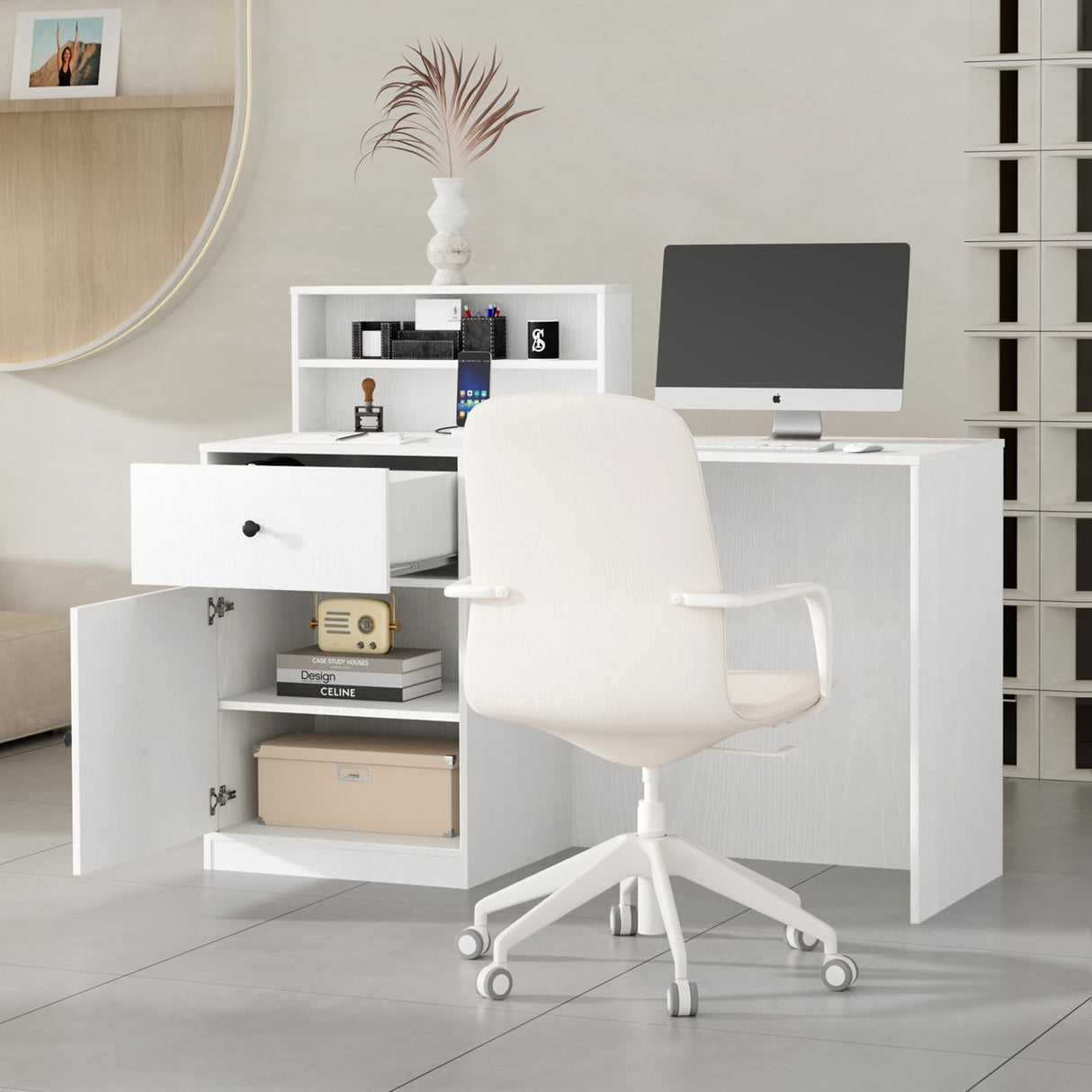 VOWNER Small Morden Reception Desk with LED Lighting, 39.4" H Office Counter with Storage Drawers, Secretary Desk with Power Outlets, Front Desk for Salon, Lobby – White (47.2" W x 18.9" D x 39.4" H) VOWNER