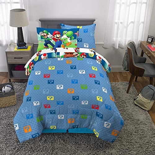 Super Mario Bros Kids Bedding Super Soft Cozy Reversible Comforter and Sheet Set with Sham, 5 Piece Twin Size Nintendo Gamer Bed Set, (100% Officially Licensed Product) by Franco Franco
