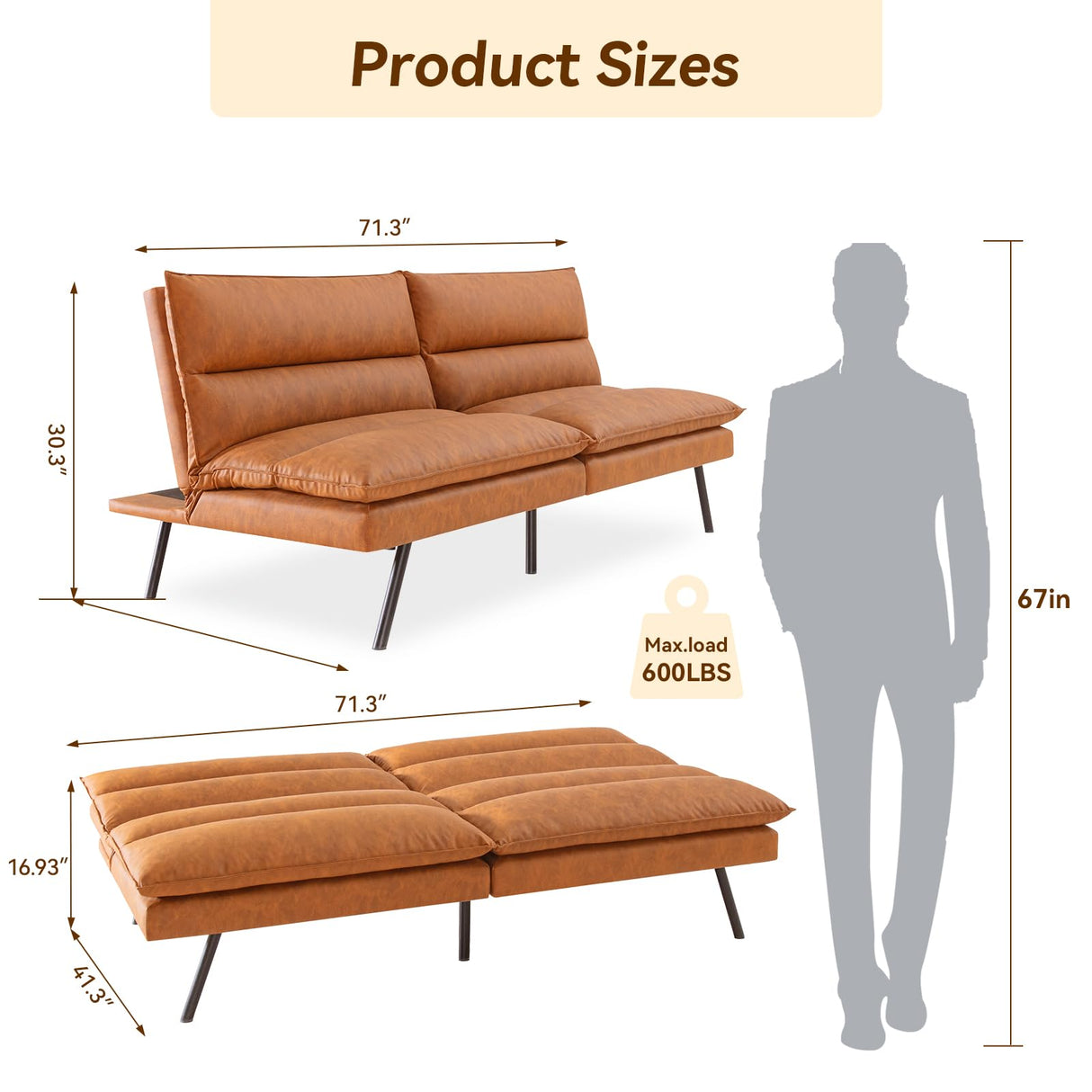 Hcore Convertible Armless Futon Sofa Bed,Faux Leather Futon Couch,Memory Foam Modern Loveseat Couch,Sleeper Sofa Bed Small Splitback for Small Spaces,Living Room,Office,RV,Apartment,Brown Hcore