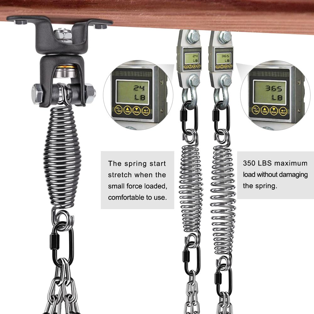 BeneLabel Heavy Duty Boxing Punching Bag Hanger Chain with Spring, 350 LB Capacity, 360° Rotation Wood Beam Holder with 4 Chains and 4 Carabiners, 2 Hexagon Wood Screws and 2 Expansion Screws. BeneLabel