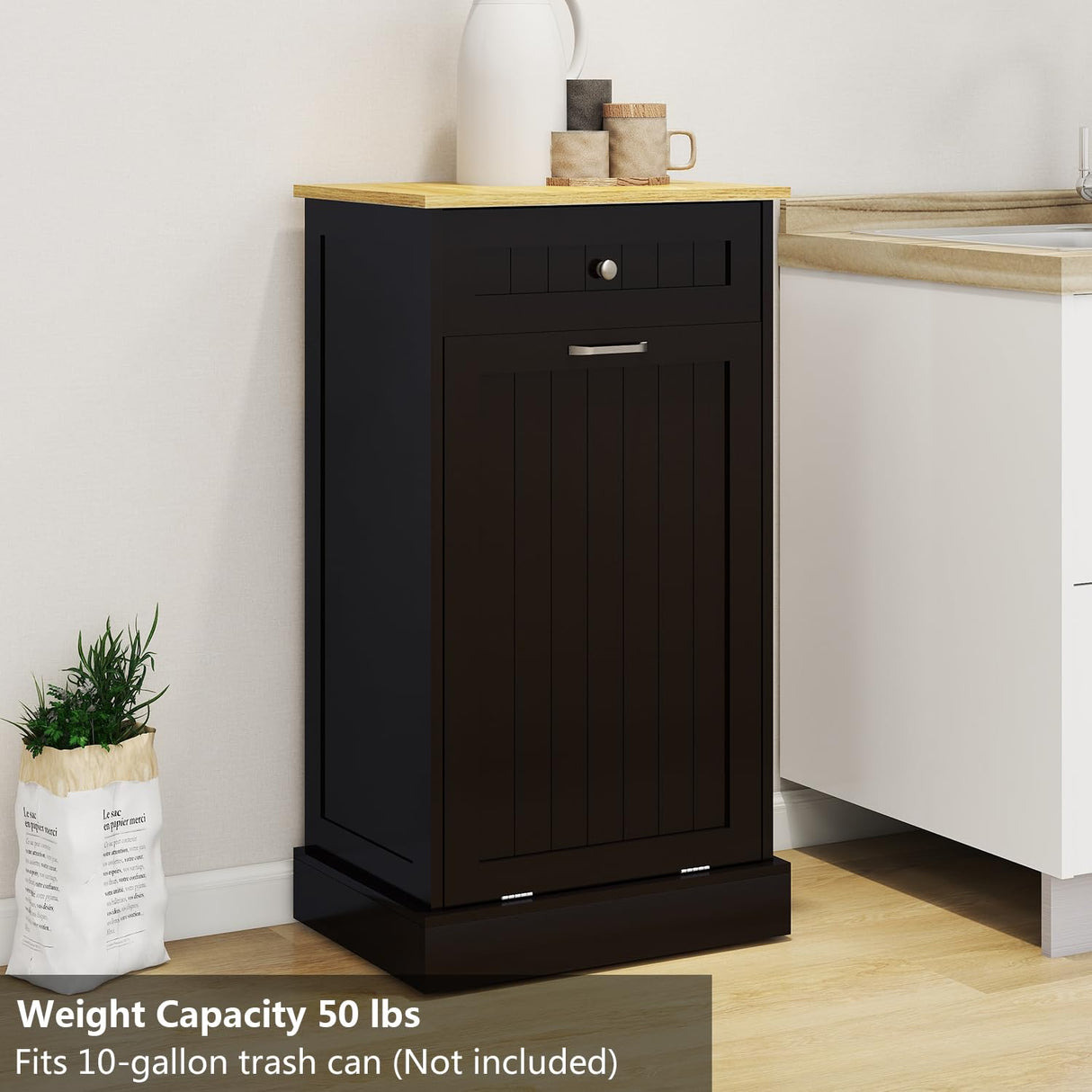 Bocarali Tilt Out Trash Cabinet, 10 Gallon Freestanding Wooden Kitchen Trash Recycling Sorter Cabinet with 2 Drawer, Tilt Out Trash Can Bin Garbage Laundry Cabinet for Living Room, Black Bocarali