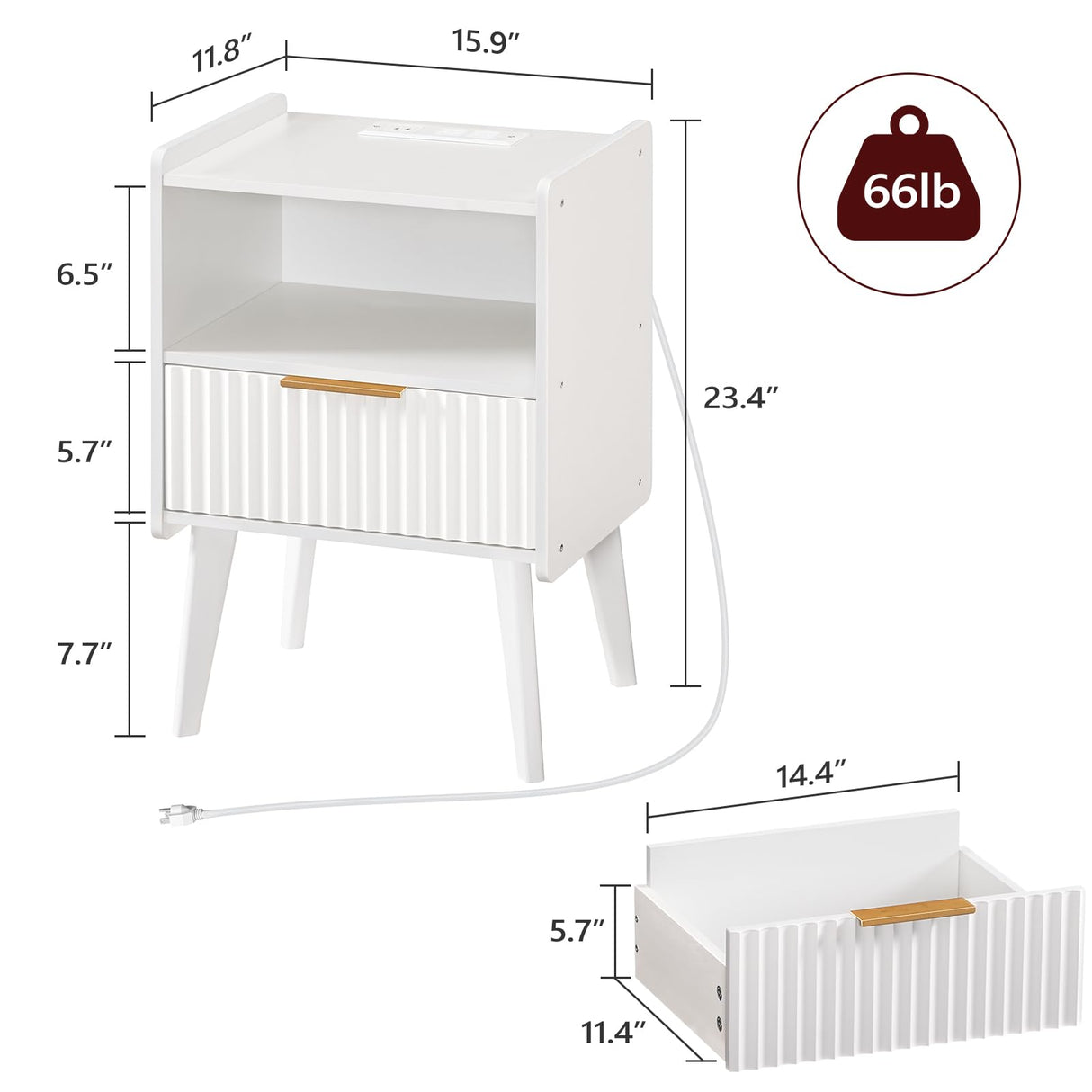 MAHANCRIS End Table Living Room Fluted Night Stand, 15.9" Modern Side Table with Charging Station,Bedside Table with Drawer for Small Spaces, Bedroom, White ETWT61E01 MAHANCRIS