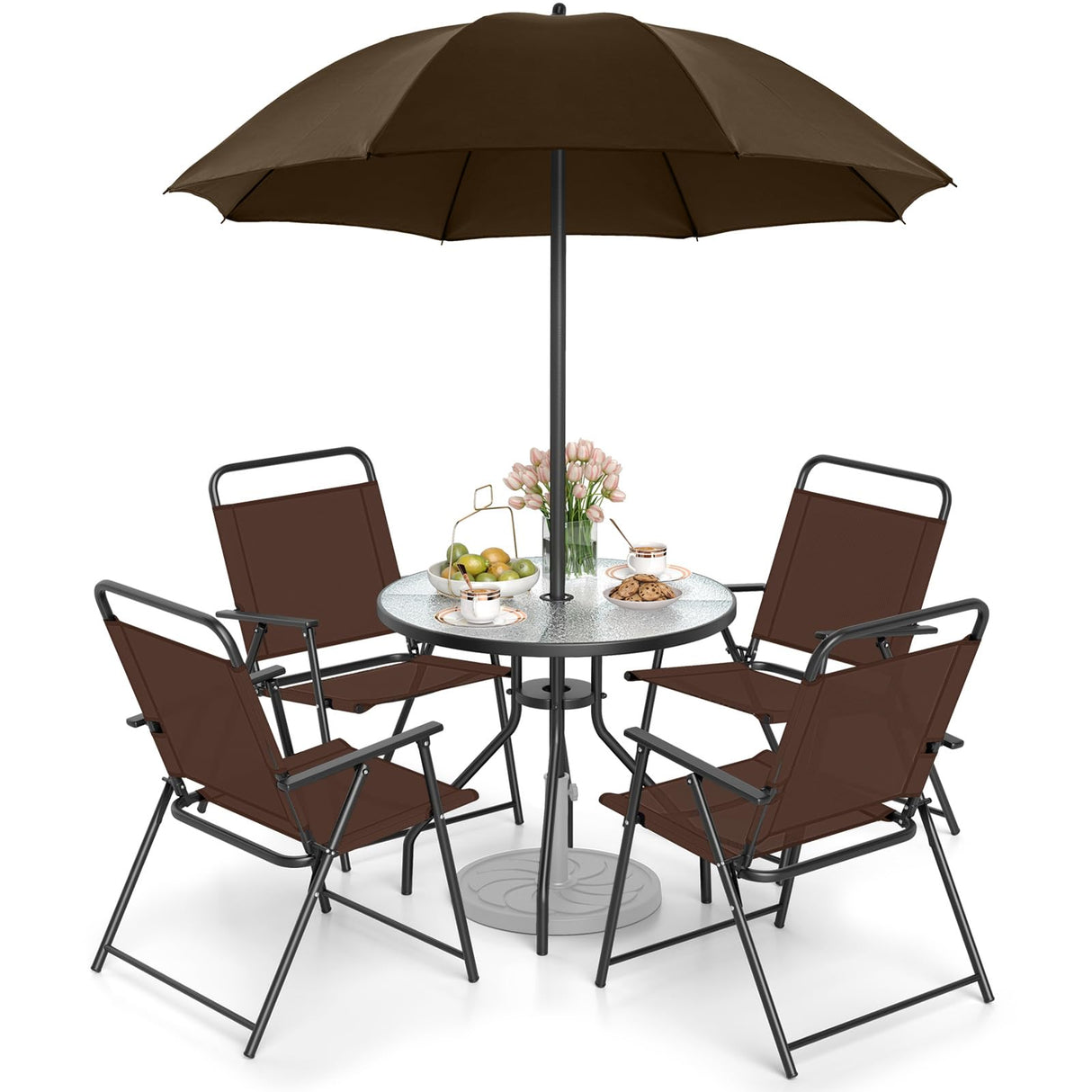 Tangkula 6 Pieces Folding Patio Dining Set, 4 Chairs and 31.5 inches Round Table, Patio Umbrella Included, for Indoor Outdoor Poolside or Balcony (Brown) Tangkula