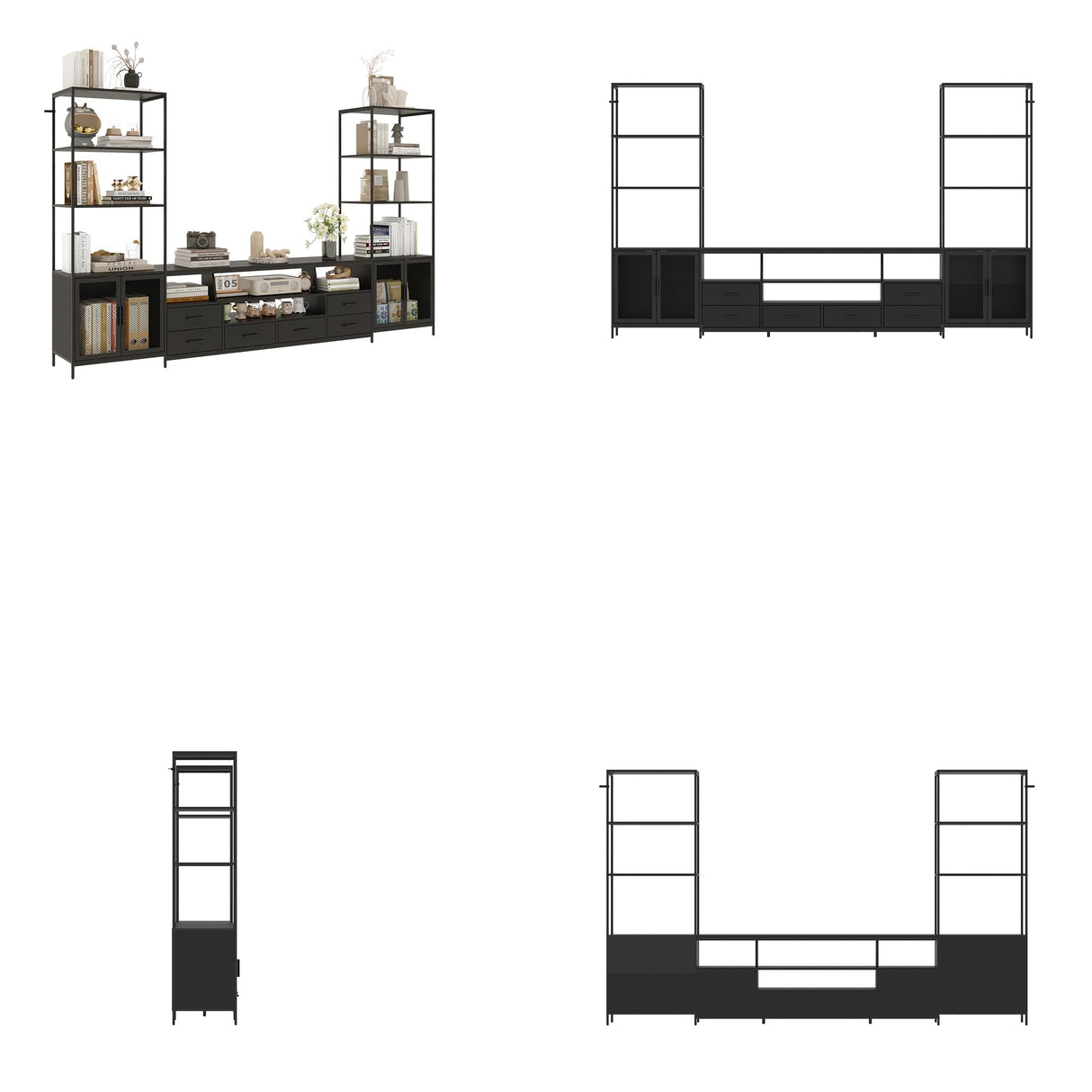 WOODTIME 107.8" W 3-Piece Entertainment Center Wall Unit with Bookshelves for TVs up to 70", TV Stand Media Console Table with Shelves & Drawers for Living Room Home Theater, Black WOODTIME