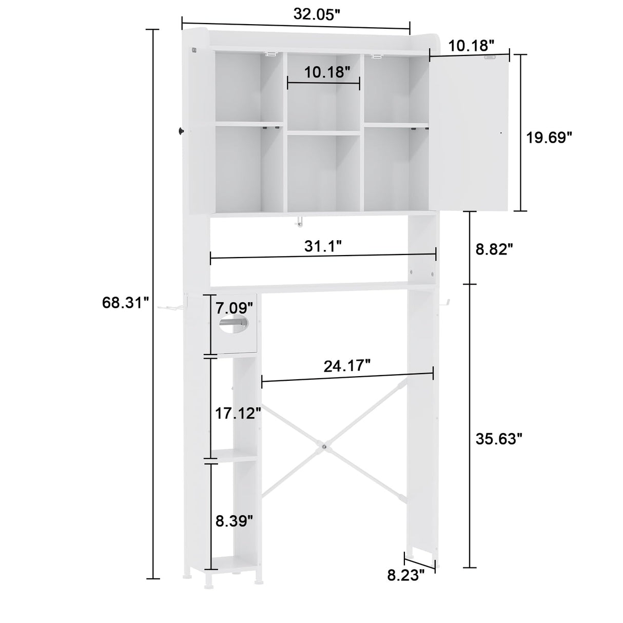 EasyCom Over The Toilet Storage Cabinet with Metal Frame and 7 Storage Shelves, Bathroom Organizer with Adjustable Shelves, Paper Holder and Racks, Farmhouse Storage Cabinet for Laundry, White EasyCom
