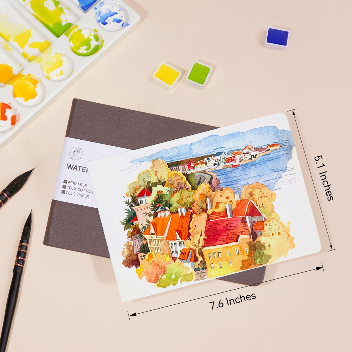 Lightwish Watercolor Journal, 100% Cotton Cold Press Watercolor Paper Sketchbook 7.6” x 5.3”, 20 Sheets (140lb/300gsm), Acid-Free for Watercolors, Gouache, Acrylics LIGHTWISH