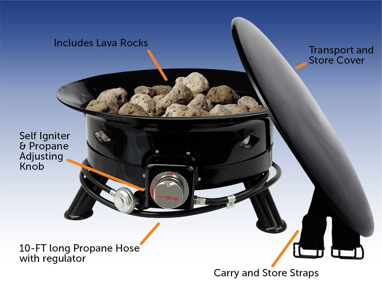 Flame King Smokeless Propane Fire Pit, 24-inch Portable Firebowl, 58K BTU with Self Igniter, Cover, & Carry Straps for RV, Camping, & Outdoor Living Flame King