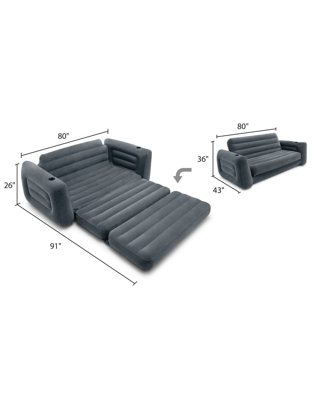 Intex 66552EP Inflatable Pull-Out Sofa: Built-in Cupholder – Velvety Surface – 2-in-1 Valve – Folds Compactly – 46" x 88" x 26" Intex