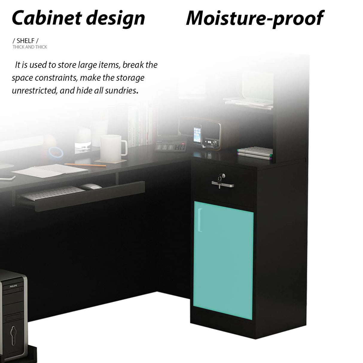 AGOTENI Reception Desk Reception Stations with Open Shelf & Drawers, L Shape Reception Table Wooden Computer Desk for Office Reception Room, Black AGOTENI
