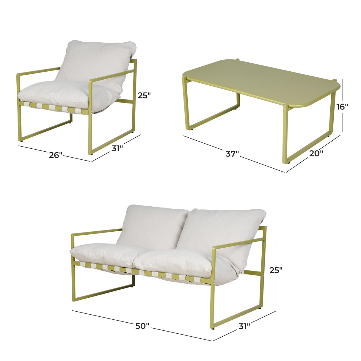 Grand patio 4-Piece Outdoor Furniture Set, Modern Patio Furniture with Soft Cushions, Small Metal Sofa Couch with Coffee Table, Conversation Set for Porch Deck Balcony Backyard Living Room, Green Grand patio