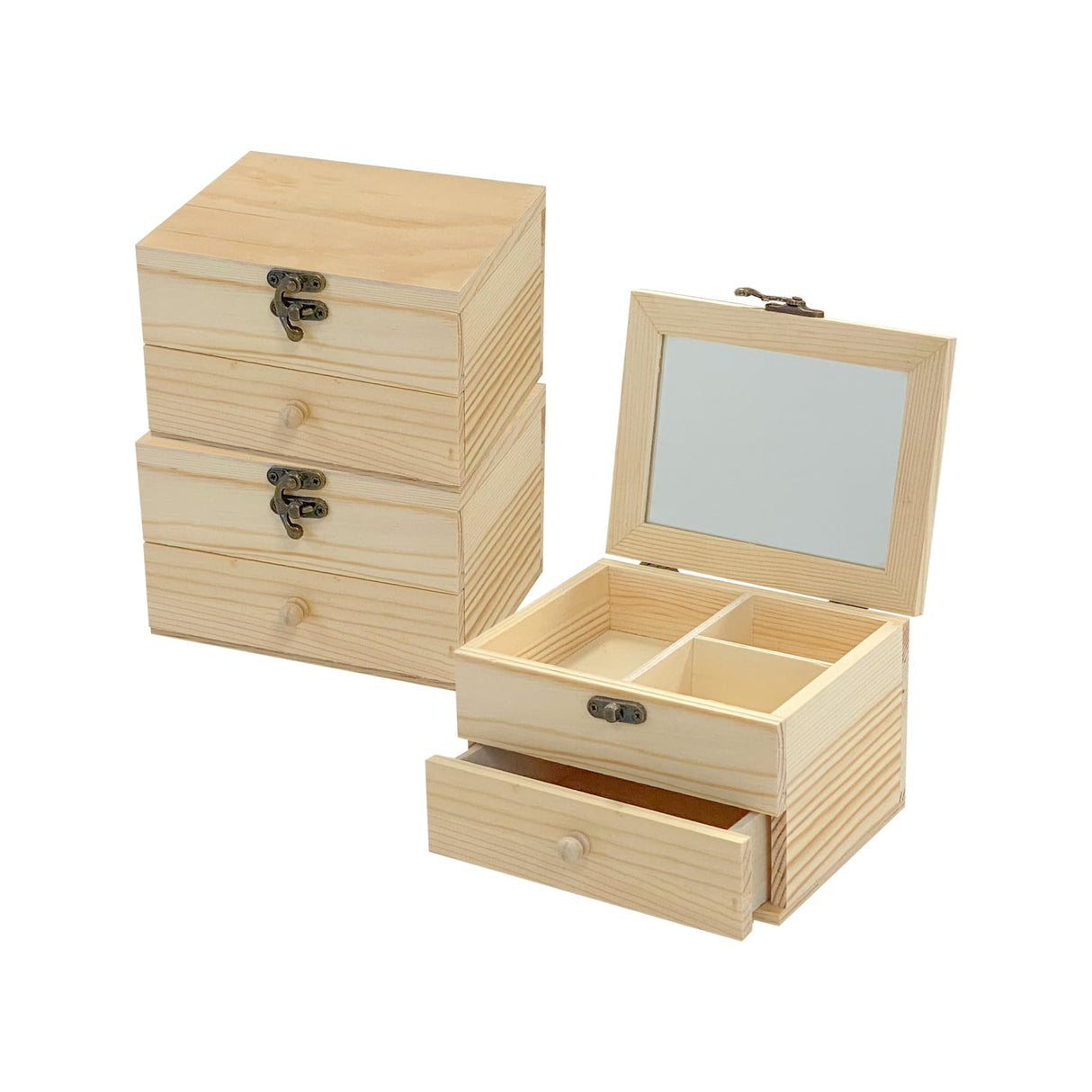 3 Pack Unfinished Wooden Jewelry Box (6x4.7x4 in) Natrural Wood Surface Chest With Glass Mirror Small 1 Drawer Cregugua