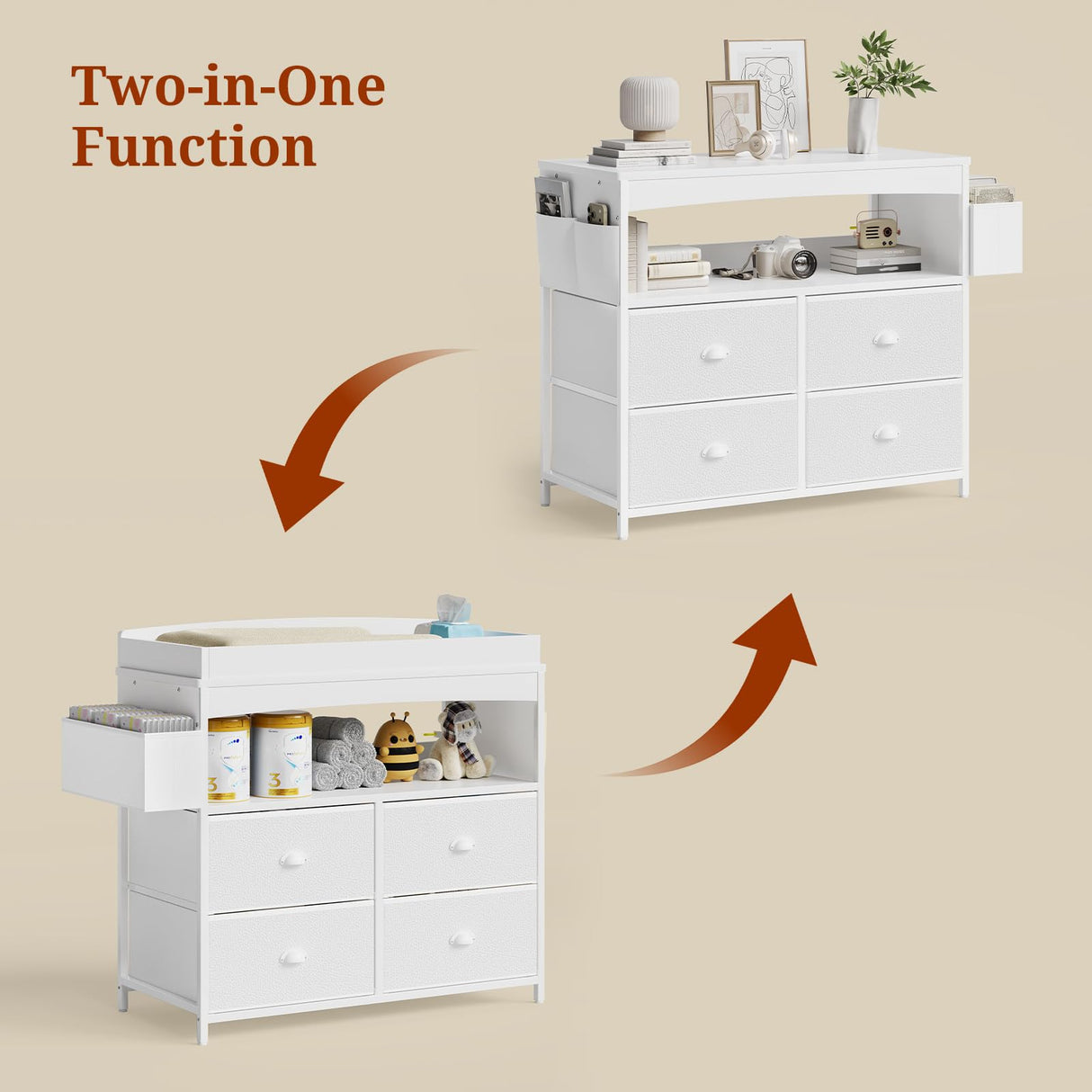 Weiplehoom Baby Changing Table with Storage, Changing Table Dresser, Diaper Changer Crib Sleeper Fabric Drawers, Storage Dividers, Diapers Bags for Nursery Modern (4 Drawers/White) Weiplehoom