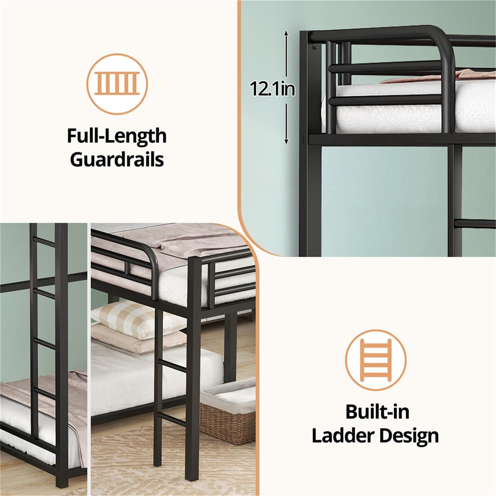 TURRIDU Heavy-Duty Triple Bunk Bed, Metal L-Shaped Bunk Bed for 3 Kids Adults with Built-in Ladder and Full-Length Guardrails, No Box Spring Needed & Space Saving Metal Triple Bunk Bed TURRIDU