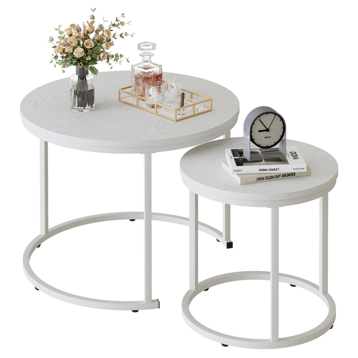 VILAWLENCE Nesting Coffee Table Round Side Table Set of 2 End Tables for Living Room Bedroom Balcony,White Wooden Stacking Accent Coffee Tables with Metal Frame VILAWLENCE