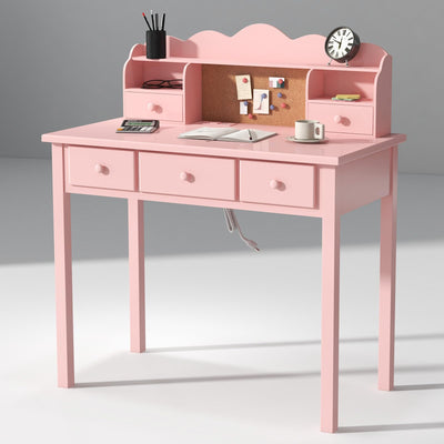 FUNKOCO Home Office Furniture Writing Desk,Computer Work Station with Detachable Hutch,5 Drawers(Pink)