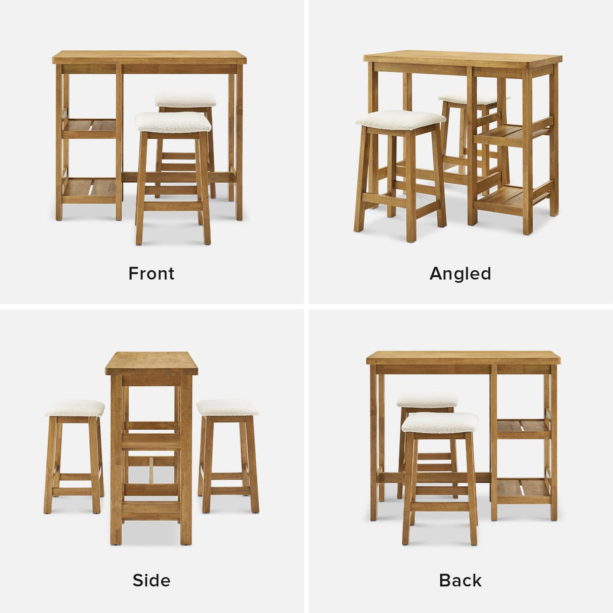 mopio Kelly Solid Wood Counter Table Set with 2 Boucle Stools, 3-Piece Dining Table Set for 2, Small Kitchen Island Table with Storage Shelves, for Living Room, Dining Room, Kitchen mopio