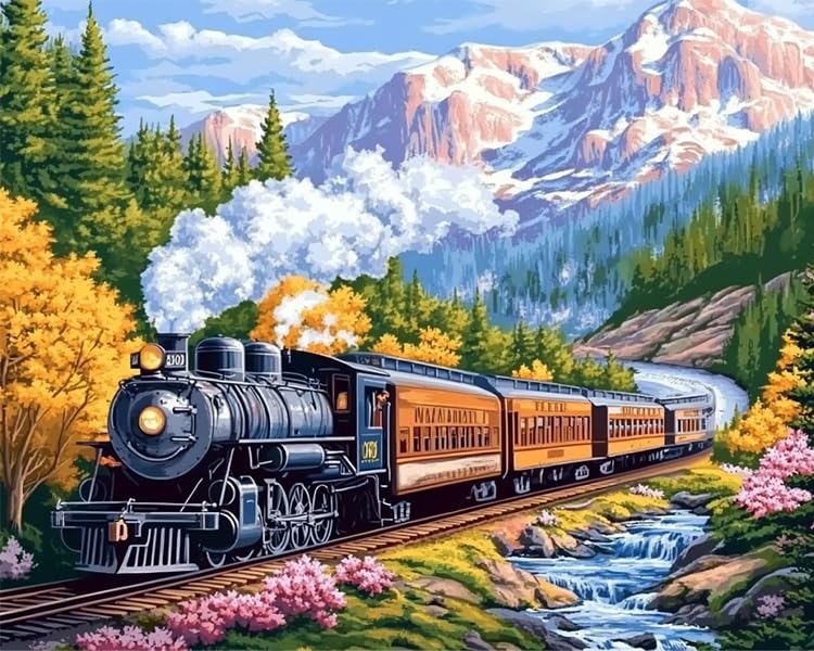 Train Through the Forest Paint by Number Kits 16 x 20 inch Canvas Snowy Mountains DIY Painting for Adults Beginners Streams Forest Paint by Numbers With Brushes Acrylic Pigment(Without Frame) MSTINGSHUN