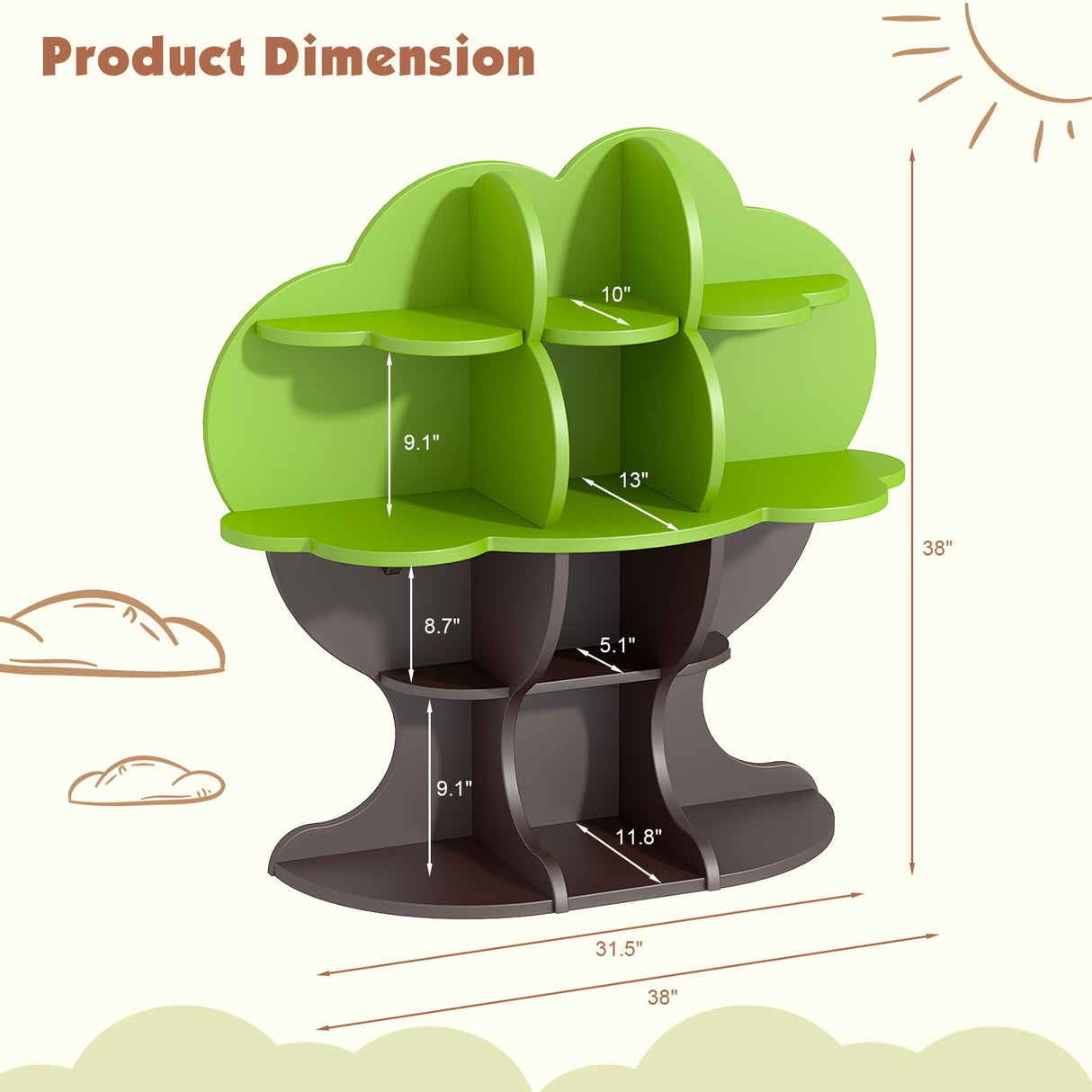 Tree Kids Bookshelf Toddler Bookcase 4-Tier Baby Book Rack Children Toy Storage Organizer Wood Display Shelf for Nursery Playroom Bedroom Classroom School Homeschooling Boy Girl’s Gift (green tree) HedoAjim